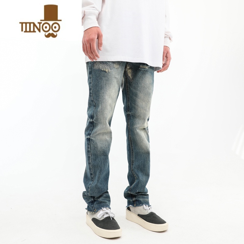 YANXU欧美复古水洗蓝色磨破毛边直筒牛仔裤潮牌高街裤子男显瘦坠感U裤高清大图
