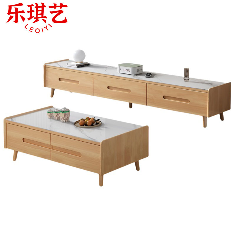 乐琪艺 电视柜+茶几 原木色+白 套高清大图