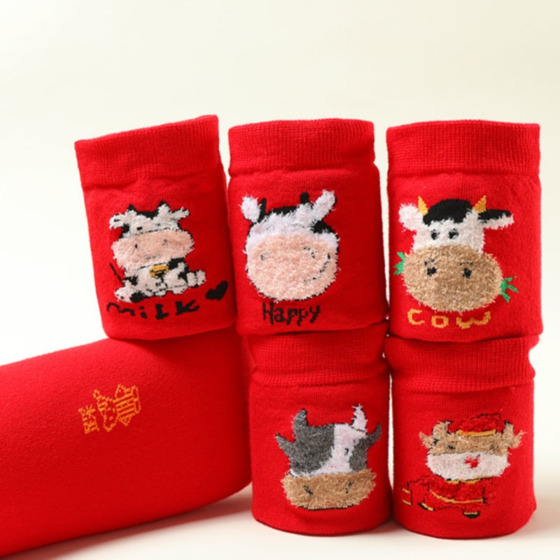 可莉允牛年红袜子女本命年袜秋冬属牛可爱日系中筒袜红色牛气冲天袜子