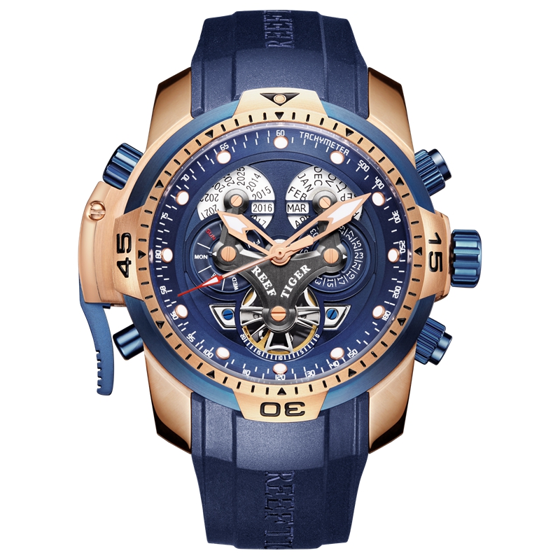 瑞夫泰格REEF RIGER时尚潮流手表多功能全自动机械表男士真皮大表盘防水军表进口机芯强夜光RGA3503 玫金蓝黑胶带
