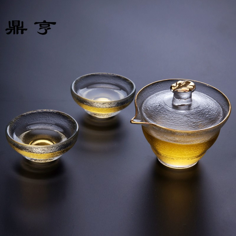 鼎亨手工日式锤目纹玻璃三才盖碗整套描金大号公道杯功夫泡茶具分