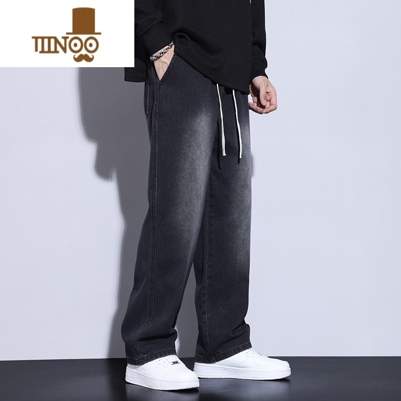 YANXU黑色牛仔裤男休闲潮流潮牌美式高街阔腿裤子ins宽松水洗长裤直筒高清大图