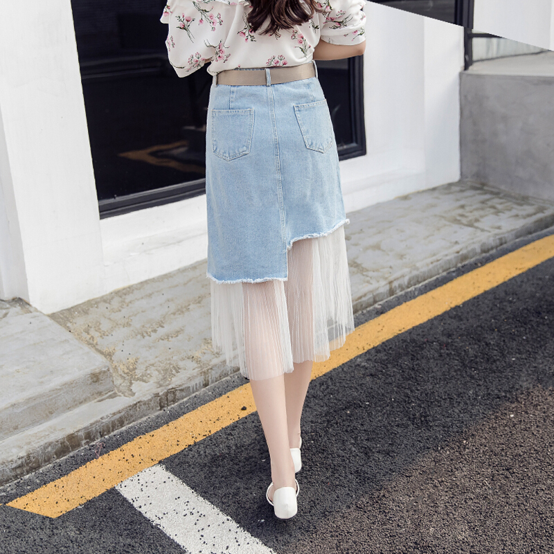 2018夏季新款韩版网纱拼接牛仔半身裙女百搭学生高腰中长款裙子浅蓝色