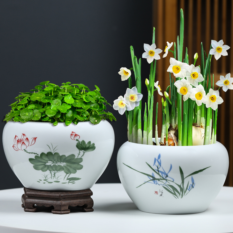 铜钱草花盆水仙盆睡莲碗莲无孔金钱陶瓷特价清仓荷花小鱼缸茶洗盆