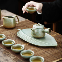 青石釉侧把壶泡茶器日式茶盘功夫茶具套装陶瓷干泡家用茶杯 青石侧把壶干泡10头(小叶盘)