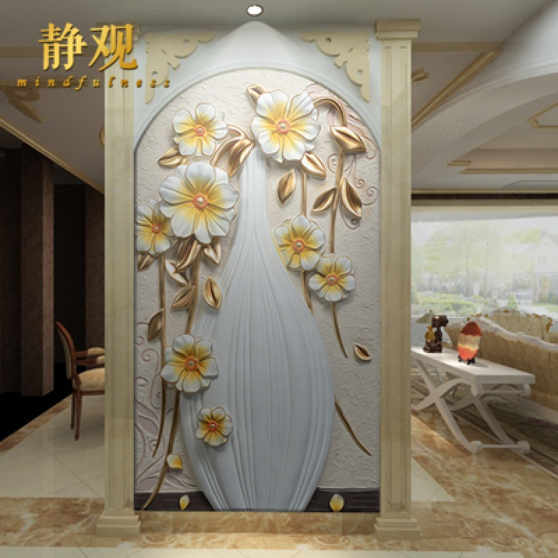 欧式3d立体墙纸玄关花瓶 客厅走廊背景墙壁纸 过道竖版大型壁画壹德壹