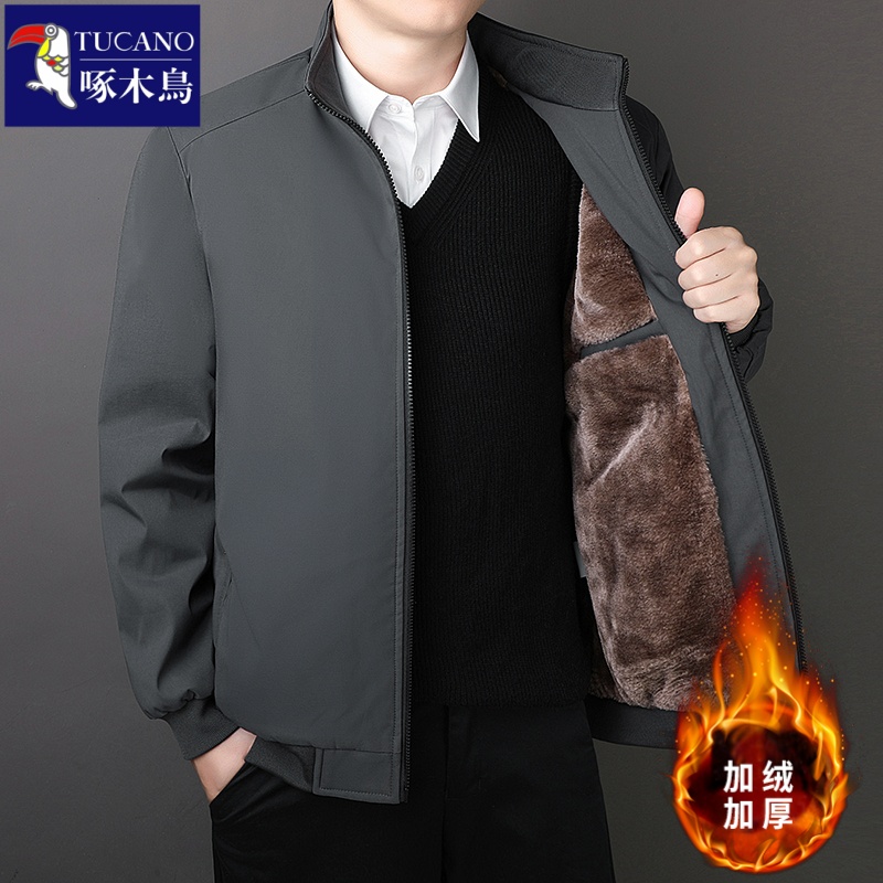 啄木鸟秋冬季夹克男士加绒加厚抗寒立领中老年大码宽松爸爸装外套高清大图