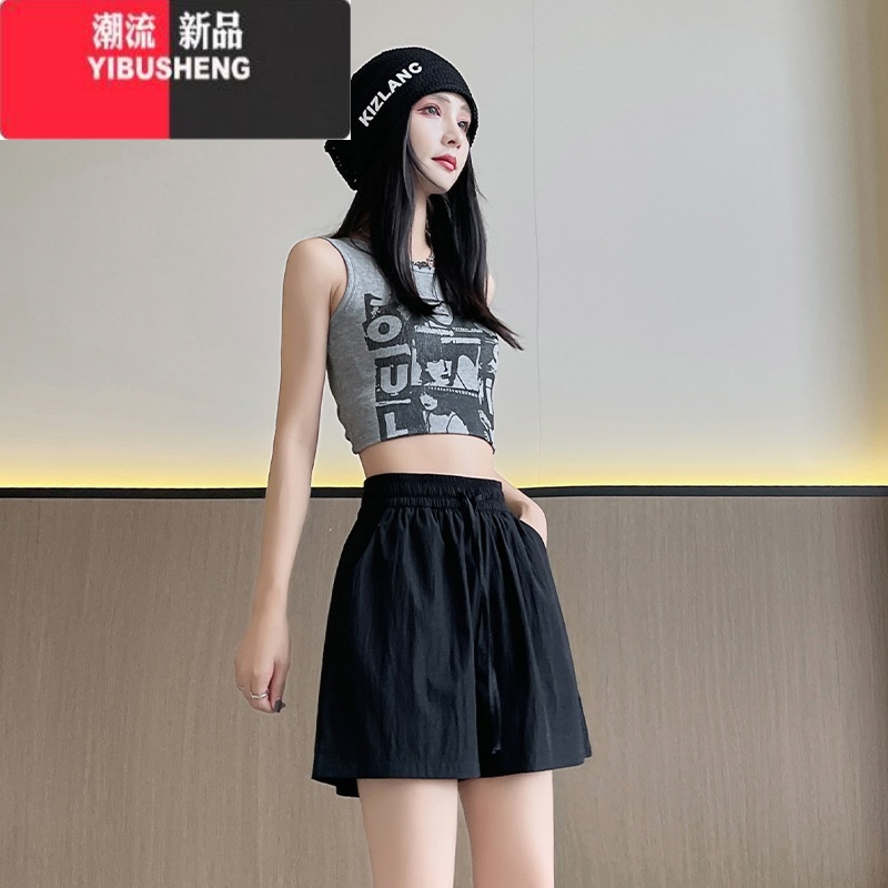 YIBUSHENG绿色冰丝山本短裤女季薄款2024新款高腰宽松小个子休闲速干裤子 黑色 M建议体重90-105斤
