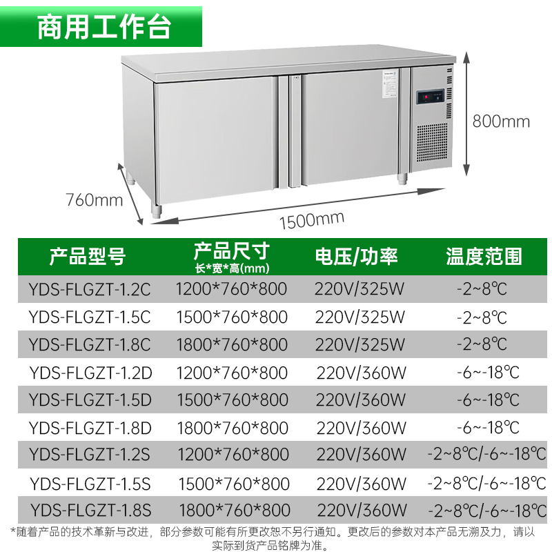 意黛斯 商用双温保鲜工作台操作台1.5米厨房冰柜商用冰箱1.5*0.76*0.8M双温款YDS-FLGZT-1.5S高清大图