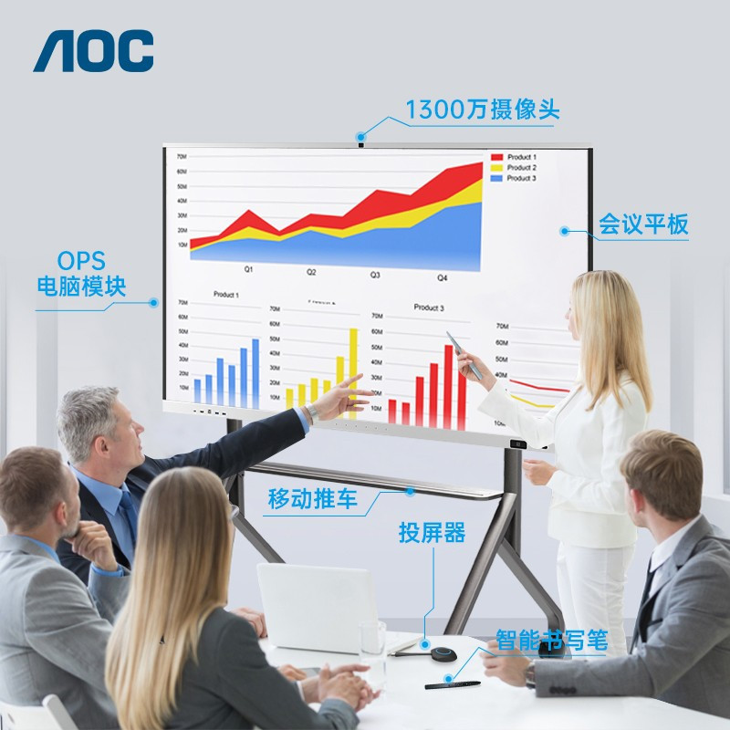 AOC 75T33K智能会议平板75英寸(双系统i5+投屏器+智能笔+推车)