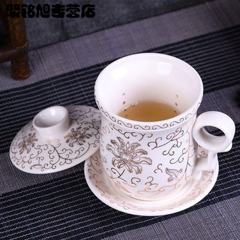 茶杯陶瓷过滤杯带盖泡茶杯子办公室茶具大水杯家用青花瓷杯生活日用家居器皿水具水杯创意简约玻陶瓷杯