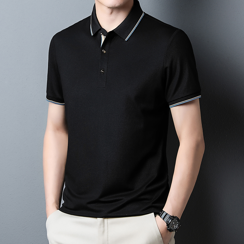 桑蚕丝polo衫男士短袖t恤2024新款夏季免烫抗皱商务休闲半袖上衣短袖t恤男翻领中年纯色免烫抗皱商务休闲polo衫夏薄高清大图