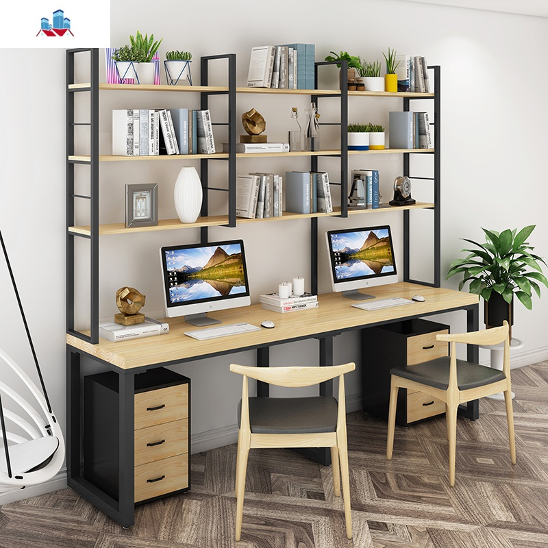 北欧铁艺实木书桌书架一体组合美式loft办公桌写字家用台式电脑桌 泰