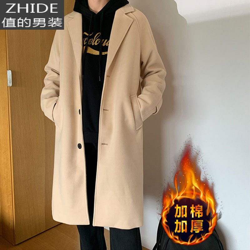 SUNTEK冬季中长款毛呢大衣男士加肥加大码韩版过膝呢子风衣潮流加厚外套风衣 米色加棉 M 90-115斤