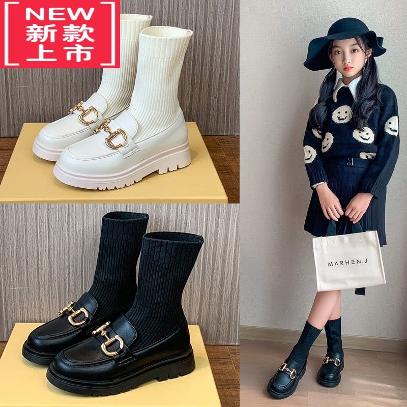 可莉允女童靴子小女孩公主鞋春秋儿童马丁靴厚底袜子鞋黑色短靴大童单靴图片