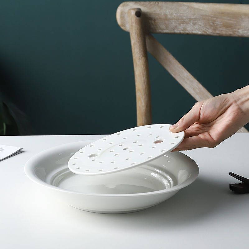 双层沥水陶瓷饺子盘餐盘圆形家用大号水饺盘三文鱼寿司盘蒸鱼盘饺子盘