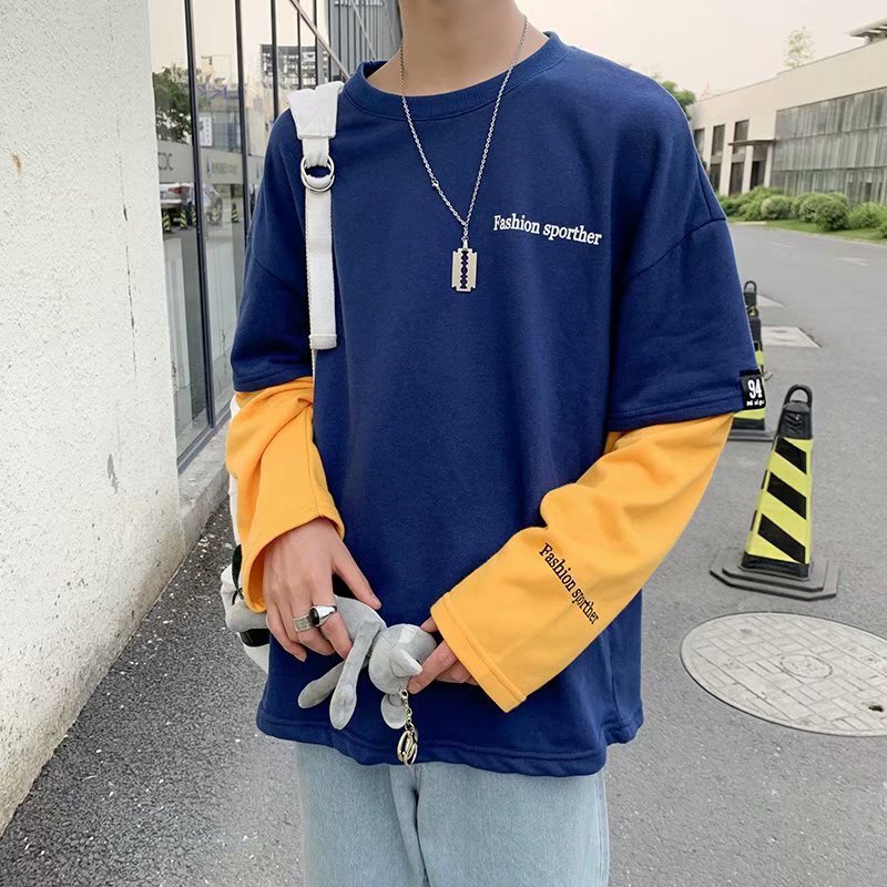 梵克公牛港风T恤男秋季学生ins超火假两件长袖上衣流宽松秋衣服