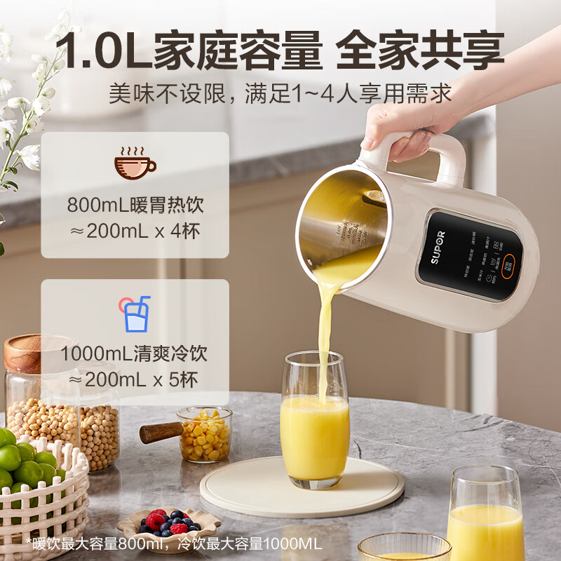 苏泊尔(SUPOR)豆浆机家用1L小型免煮免过滤破壁料理机316L不锈钢内胆双层防烫搅拌机 DJ10B-P28E高清大图