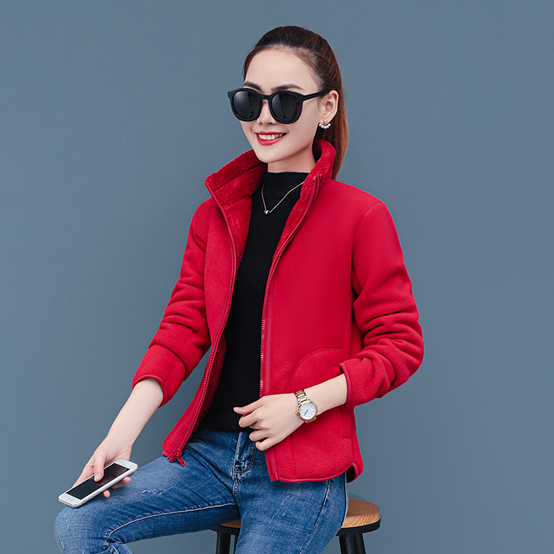 夺魅两面穿抓绒衣女外套珊瑚绒摇粒绒秋冬季大码双面绒小外套加厚内胆