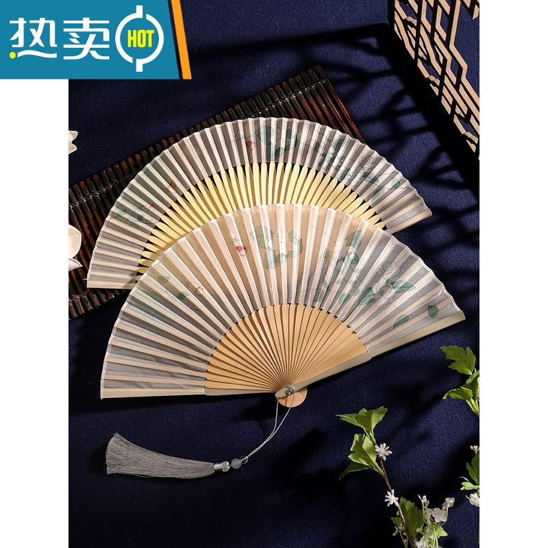 XIANCAI夏季古风夏天汉服旗袍中国风折扇中式扇子儿童折叠舞蹈扇竹扇 沁人肺腑+银色流苏高清大图