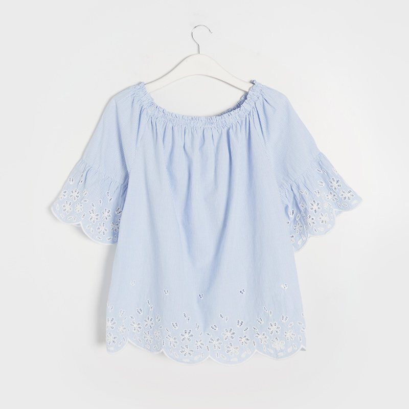 宽松一字肩绣花上衣女夏娃娃衫花边半袖衬衣CA浅蓝