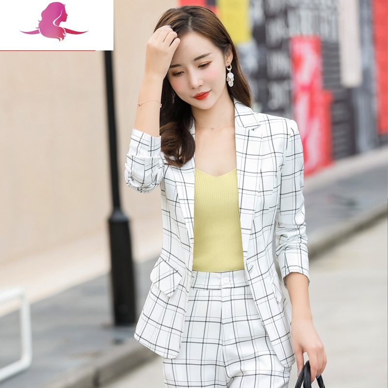 艳如飞格子小西装外套女秋季新款韩版气质时尚休闲短款洋气网红西服套装套装