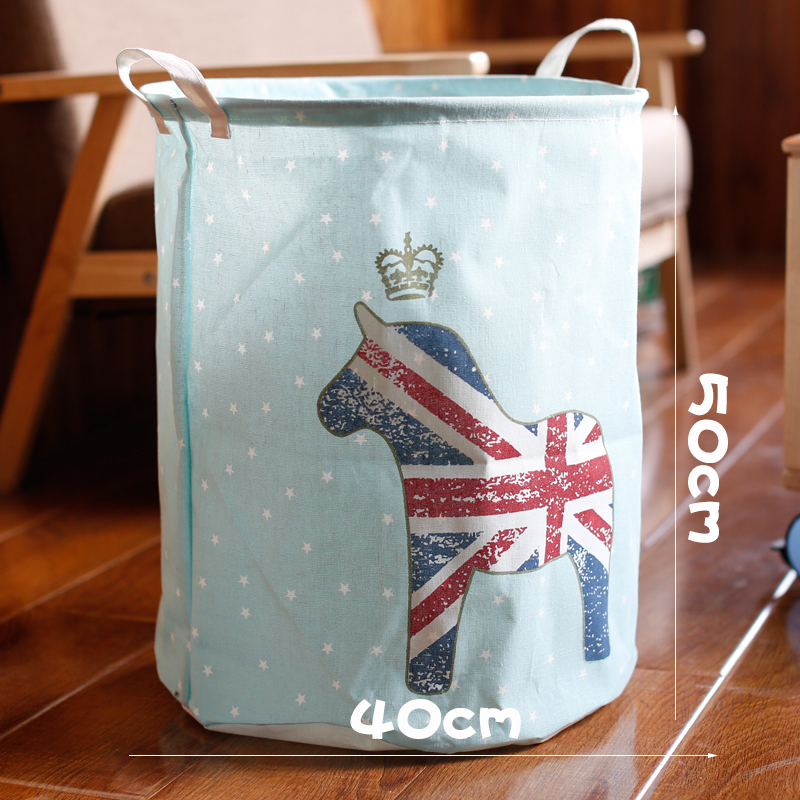 北欧布艺折叠防水收纳桶脏衣篮放衣服框收纳筐家用玩具洗衣脏衣篓 天蓝色蓝皇冠马40*50cm