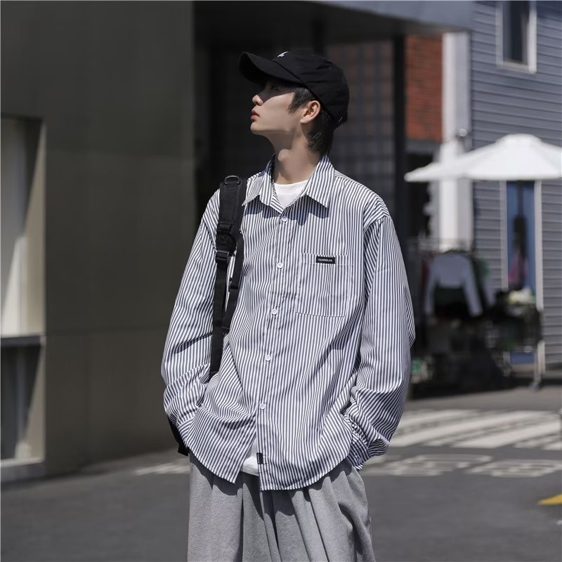 条纹长袖衬衫男春秋设计感高级痞帅学生衬衣港风ins雅痞日系外套秋季
