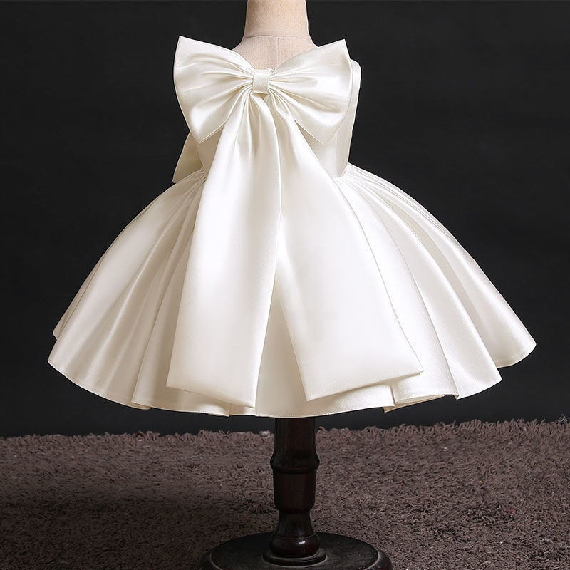 六一女童礼服裙女宝宝生日周岁表演主持大蝴蝶结连衣裙儿童蓬蓬裙白色