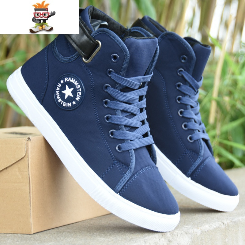 秋季男士高帮帆布鞋透气白色休闲鞋青少年学生布鞋板鞋韩版潮鞋闪潮