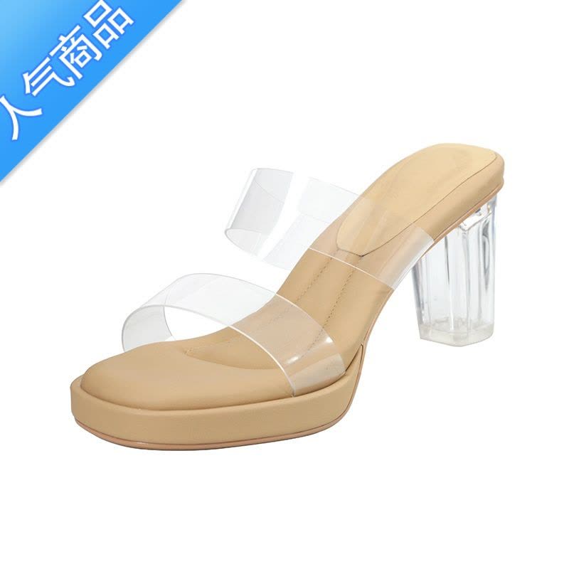 SUNTEK透明凉鞋女夏季新款防水台一字带水晶粗高跟鞋踩屎感羊皮外穿拖鞋图片