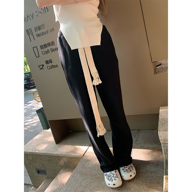 COW2ANG 春夏黑色[穿上脱不掉]手工编织抽绳直筒裤长裤女休闲裤 黑色 S 建议(65-90斤内)