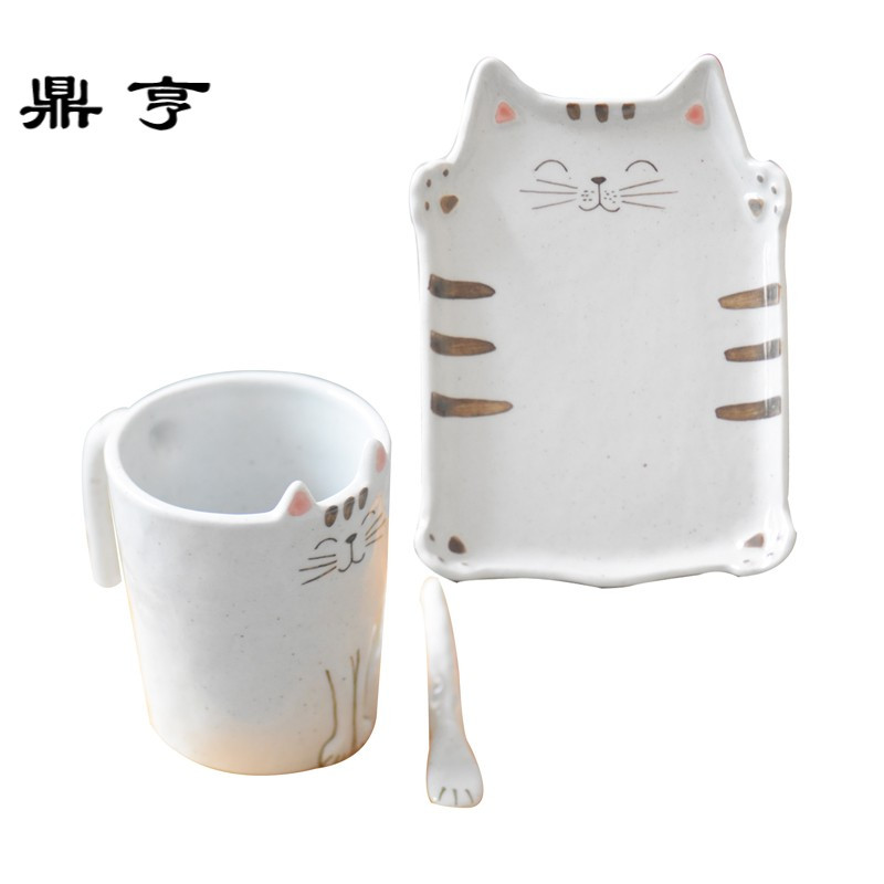 鼎亨猫咪杯子景德镇手绘日式萌猫杯可爱创意陶瓷咖啡杯碟套装带勺