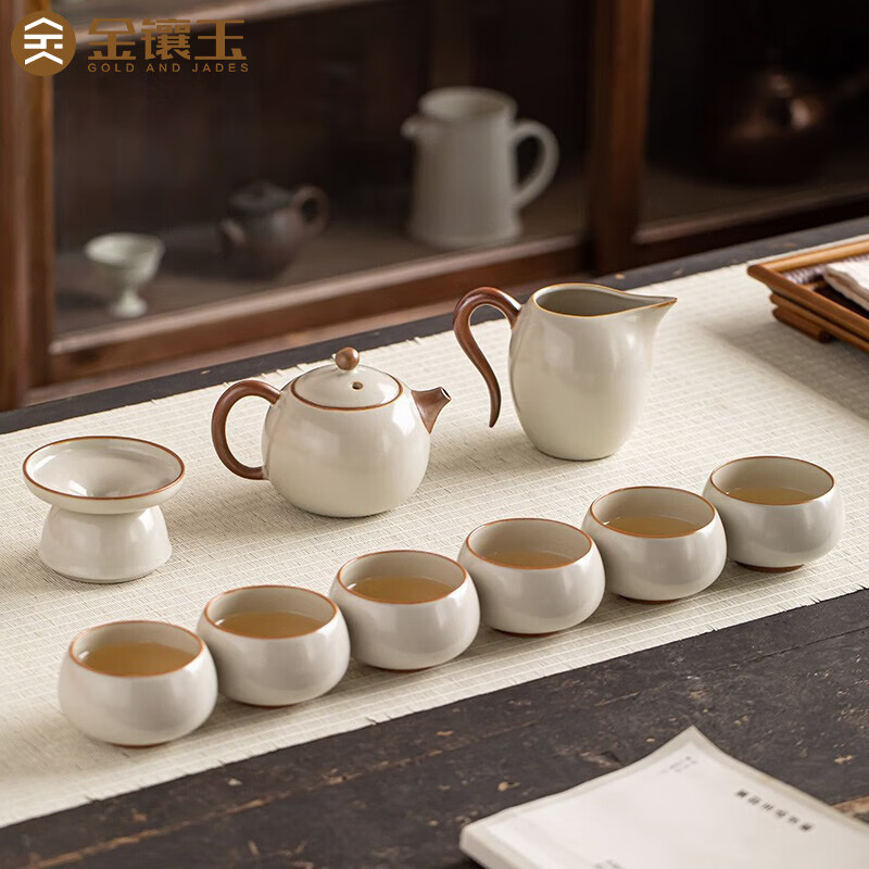 金镶玉 秋露米黄汝窑茶具套装 家用整套陶瓷西施壶泡茶壶公道杯茶杯礼盒装