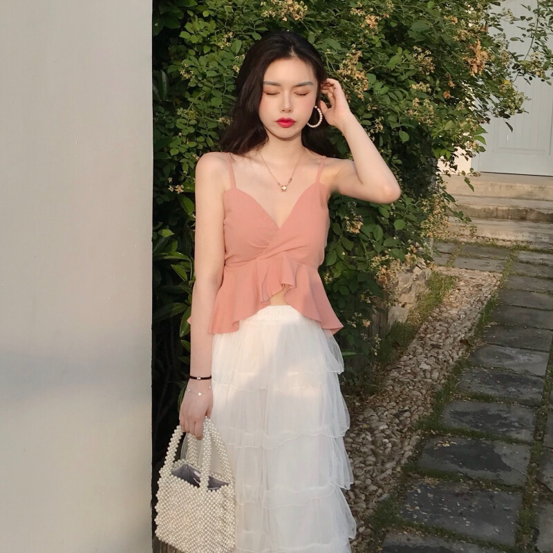 夏季荷叶边v领带上衣白色高腰多层半身裙套装纱裙显瘦长裙白色半身裙