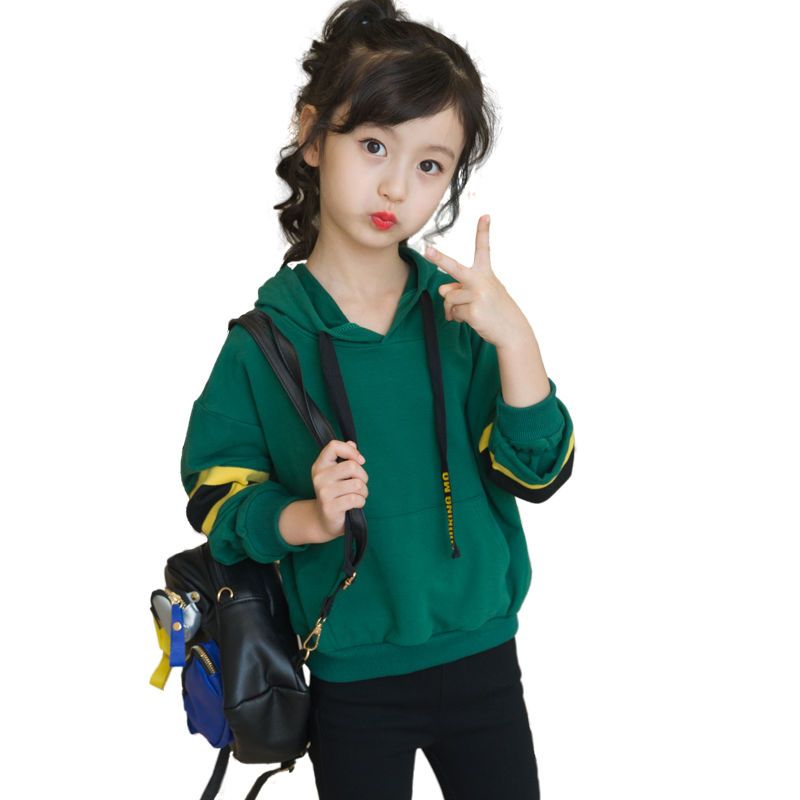 春秋装女童卫衣洋气宽松儿童韩版长袖加绒冬款上衣中小童大童连帽绿色