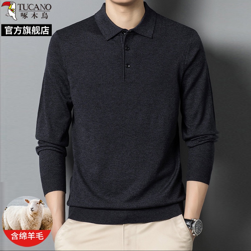 绵羊毛啄木鸟2025秋季新款翻领长袖t恤polo衫男士商务休闲上衣服高清大图