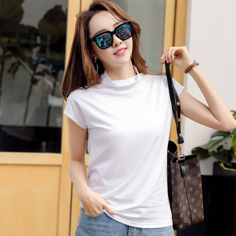 销量过万夏季半高领短袖t恤女宽松显瘦百搭大码薄款背心上衣