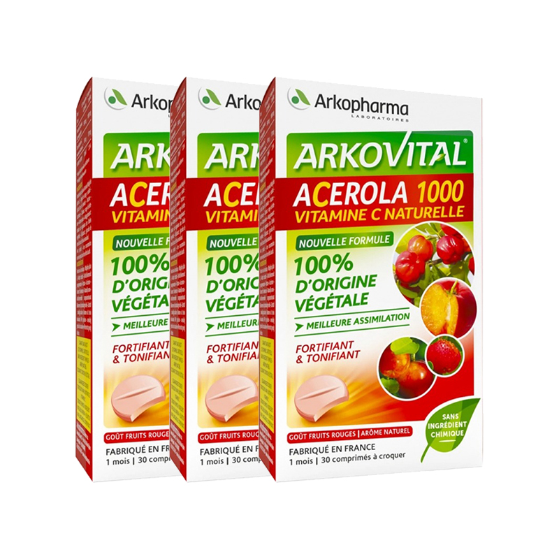 arkopharma纯植物针叶樱桃提炼维生素c咀嚼片30粒 抗疲劳 3盒装