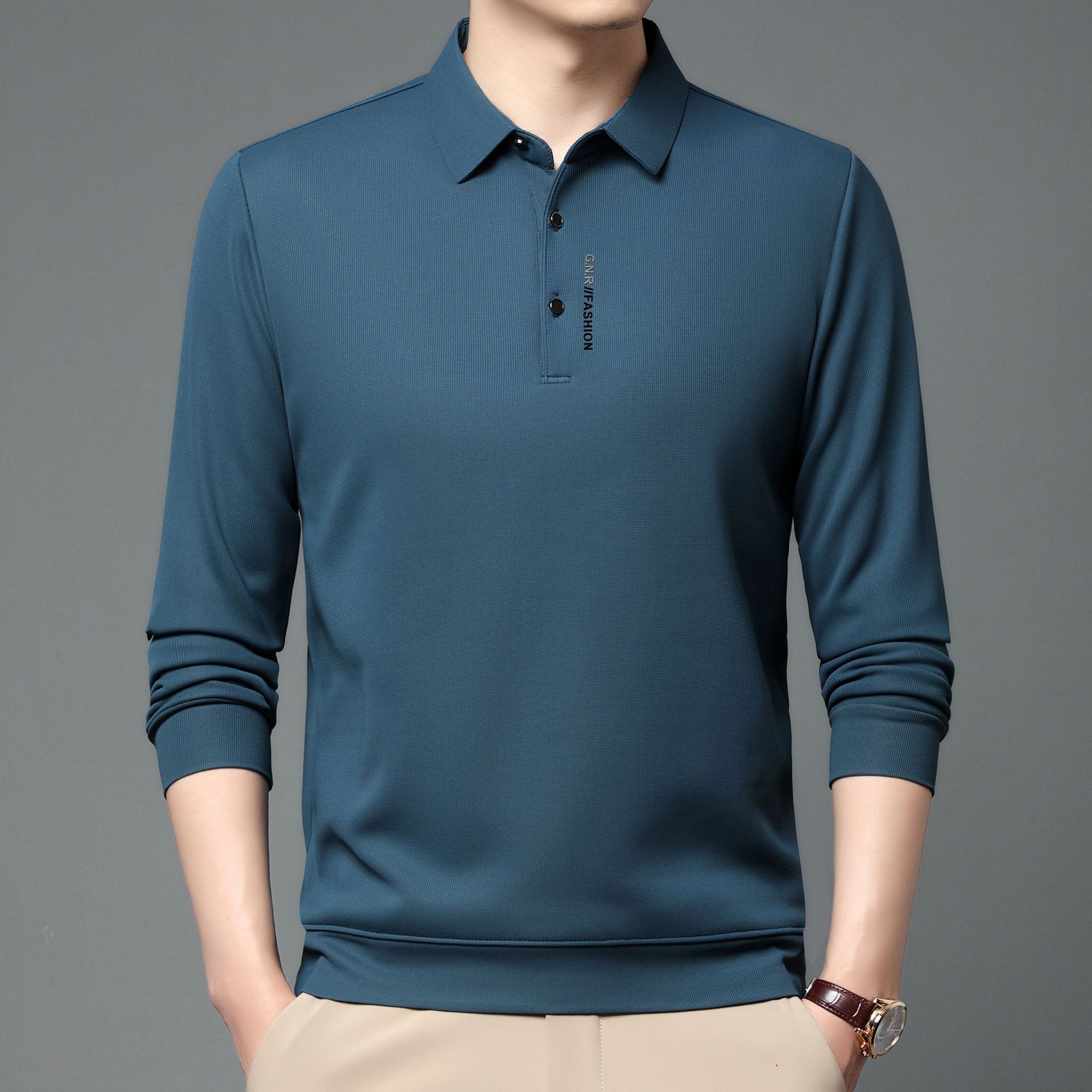 啄木鸟男士长袖t恤polo衫秋冬季休闲轻商务打底衫时尚翻领正装 B8339豆绿春秋款 4XL(建议185-210斤)