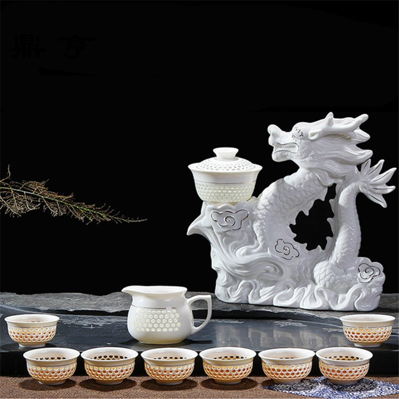 鼎亨陶瓷自动出水功夫茶具整套白瓷镂空创意工艺懒人不烫手茶杯套