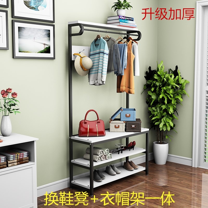 简易落地衣帽架卧室挂衣架鞋架组合现代家用挂包置物架厅换鞋凳高清大图