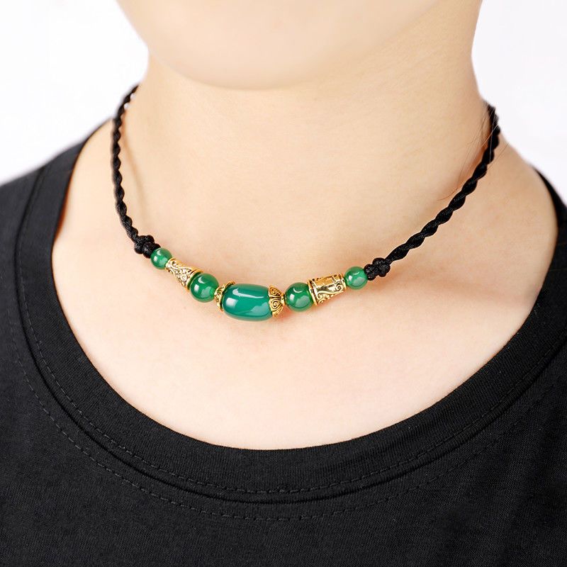 百搭锁骨项链男士女日韩复古简约个性学生黑绳饰品黑玛瑙可调大小皮绳