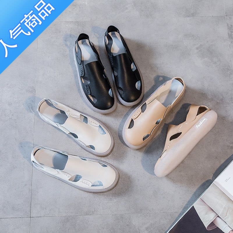 SUNTEK夏季镂空凉鞋透气两穿牛筋软底乐福鞋平底单鞋女防滑森女鞋子图片