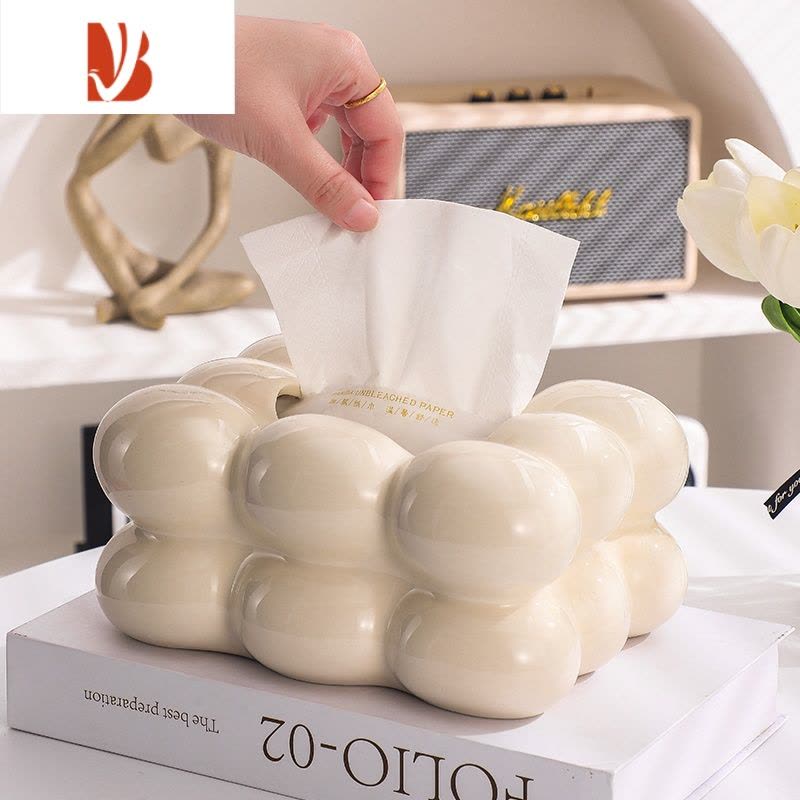 三维工匠纸巾盒客厅轻奢陶瓷抽纸盒茶几摆件家用创意纸抽盒奶油高级感 小号纸巾盒(奶油色)图片