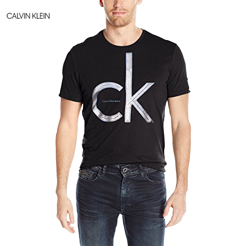 卡尔文·克莱恩(Calvin Klein) 41E5120 男士圆领棉质纯色金属箔片轮廓LOGO男夏季 男装 短袖T恤