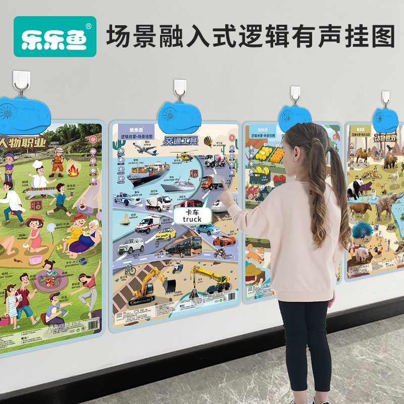 乐乐鱼宝宝4张组合蓝色恐龙逻辑挂图(人物+交通+果蔬+动物)