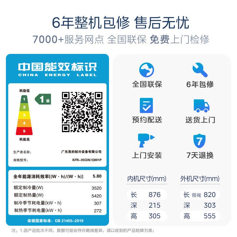 美的(Midea)空调全面风大1.5匹智能挂机客厅卧室家用新一级能效变频冷暖纯铜管双排官方正品KFR-35GW/QM1P图片