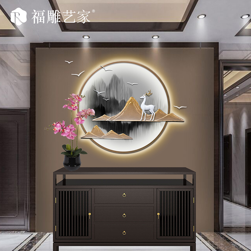 新中式壁饰玄关墙面装饰挂件餐厅背景墙装饰品圆形3d立体壁画挂饰 三维工匠 鹿鸣+灯光70*80(金)高清大图