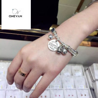 S925银复古手工银单圆牌弯管手链女泰银百搭银钱袋手串礼物送长辈